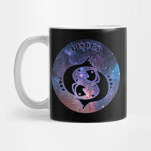 Pisces Astrology Zodiac Sign - Coffee Cup or Mug - Fish - Pisces Astrology Birthday Gifts - Space or Stars and Black and purple glow by CDC Gold Designs